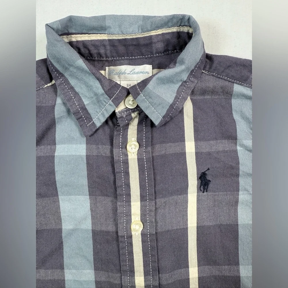 RALPH LAUREN Baby Boys' Slate Blue Plaid Striped Long Sleeve Button Down Size 9M